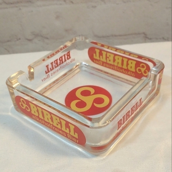 VTG Glass Ashtray Birell Alkoholfreies Bier Square Red Yellow German Advertising - Picture 2 of 7